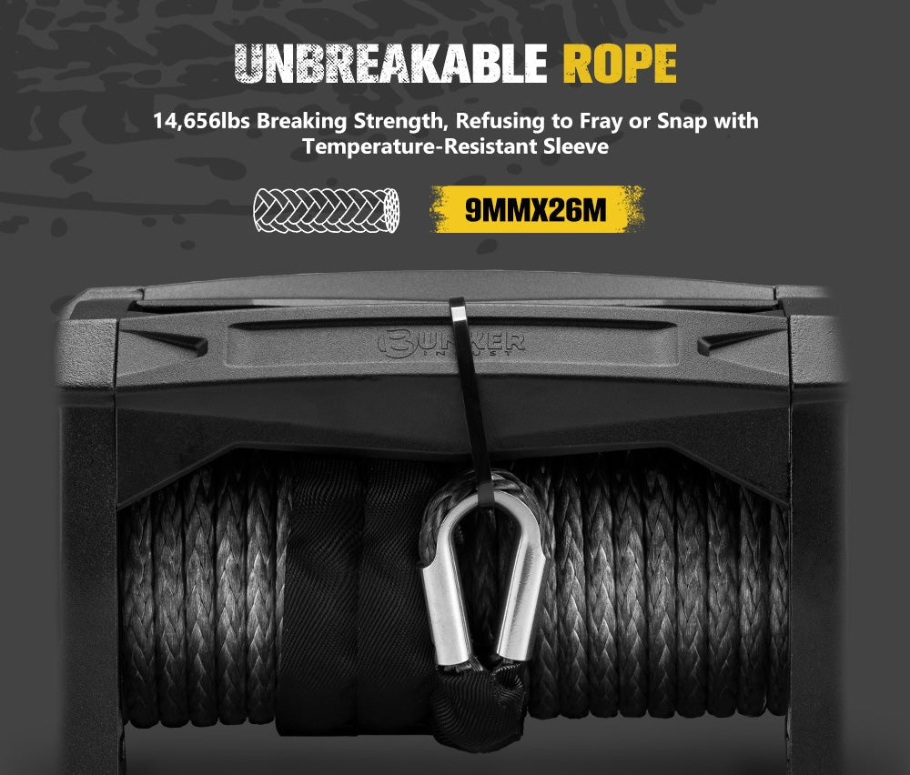 Bunker Indust 12V Electric Winch 5897KGS/13000LBS Synthetic Rope w/ Snatch Block