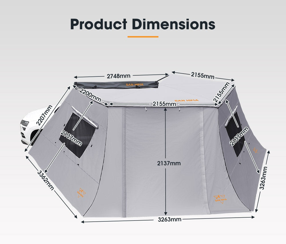 San Hima 270° Awning With Side Wall Free-Standing Car Extension Sunshade