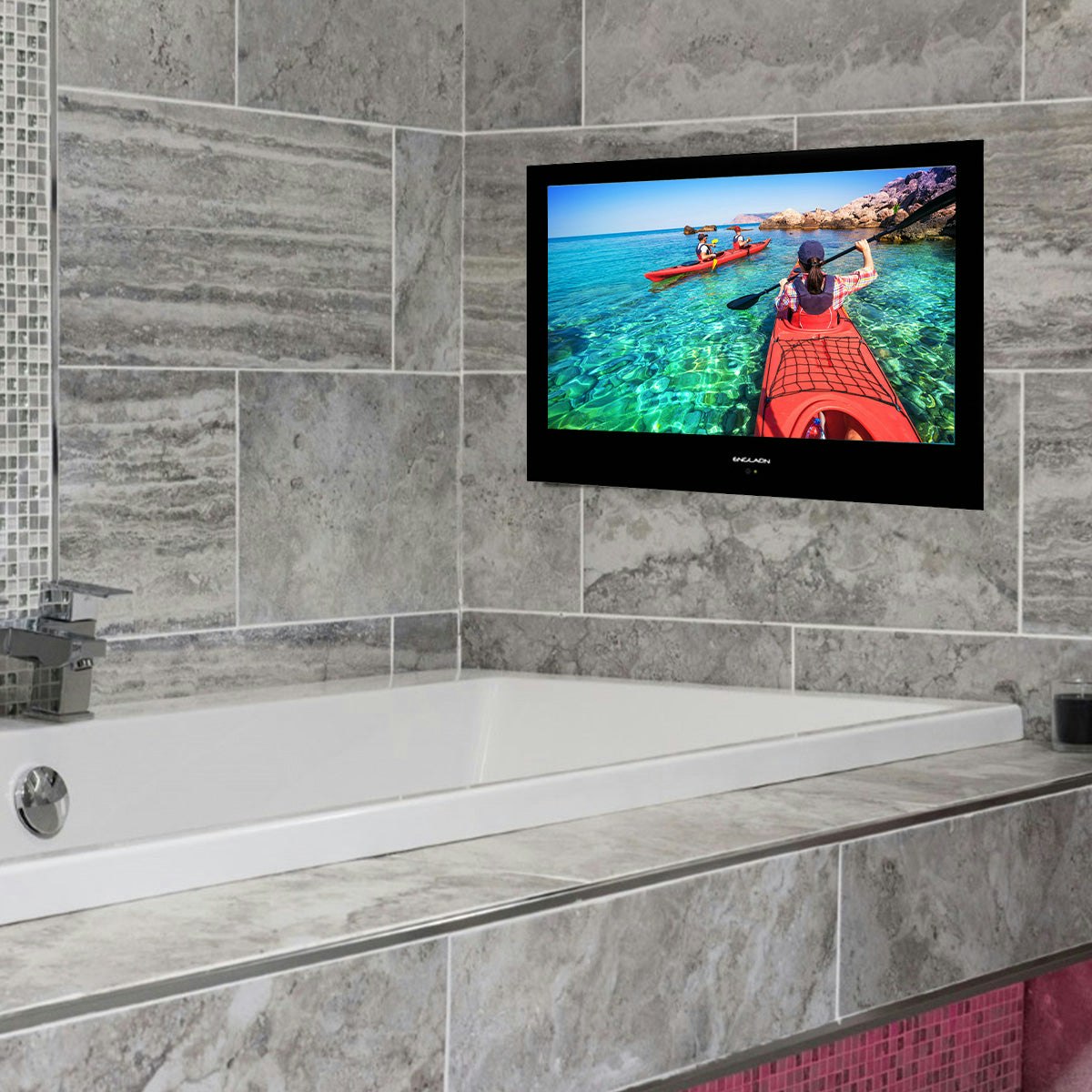 ENGLAON 32″ Full HD LED Android Smart IP65 Waterproof TV Black finish for Bathroom Kitchen Pool Spa Home