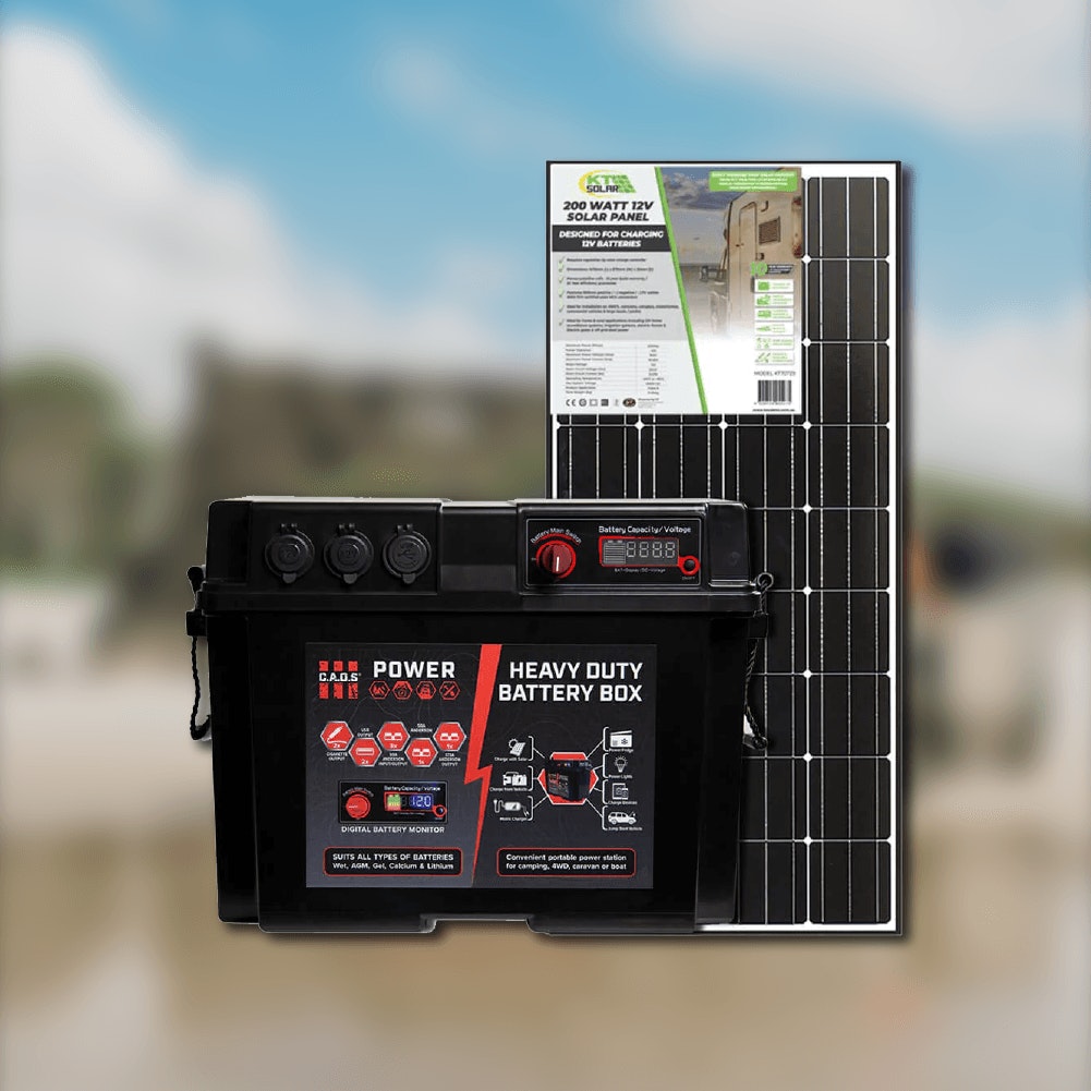 CAOS Heavy Duty Battery Box + KT Solar 200 Watt Folding Solar Panel