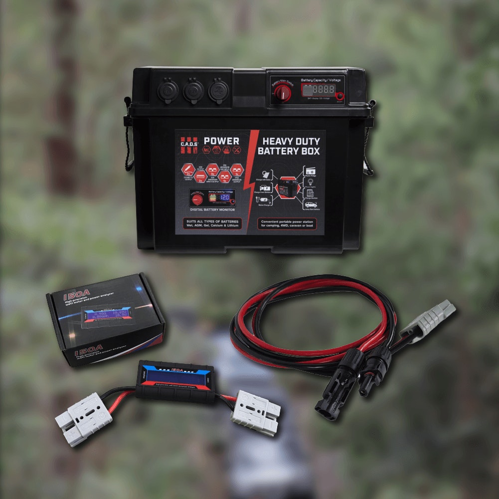 CAOS POWER HD Battery Box + Anderson to MC4 Solar Lead + 150A Watt Meter